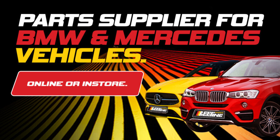BMW spares banner with red BMW SUV and yellow Mercedes sedan