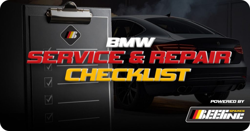 BMW sedan and clipboard with "BMW service and repair" text overlay