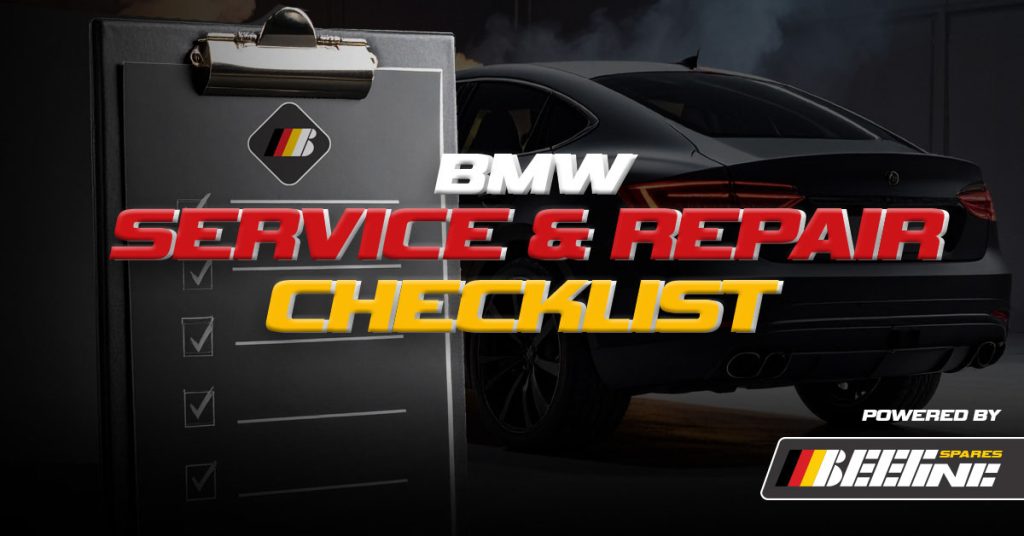 BMW sedan and clipboard with "BMW service and repair" text overlay