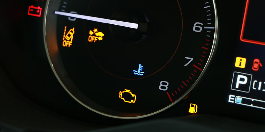 Close up of warning lights on BMW dashboard cluster