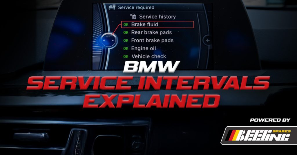 BMW cluster screen and text reading "BMW service intervals explained"
